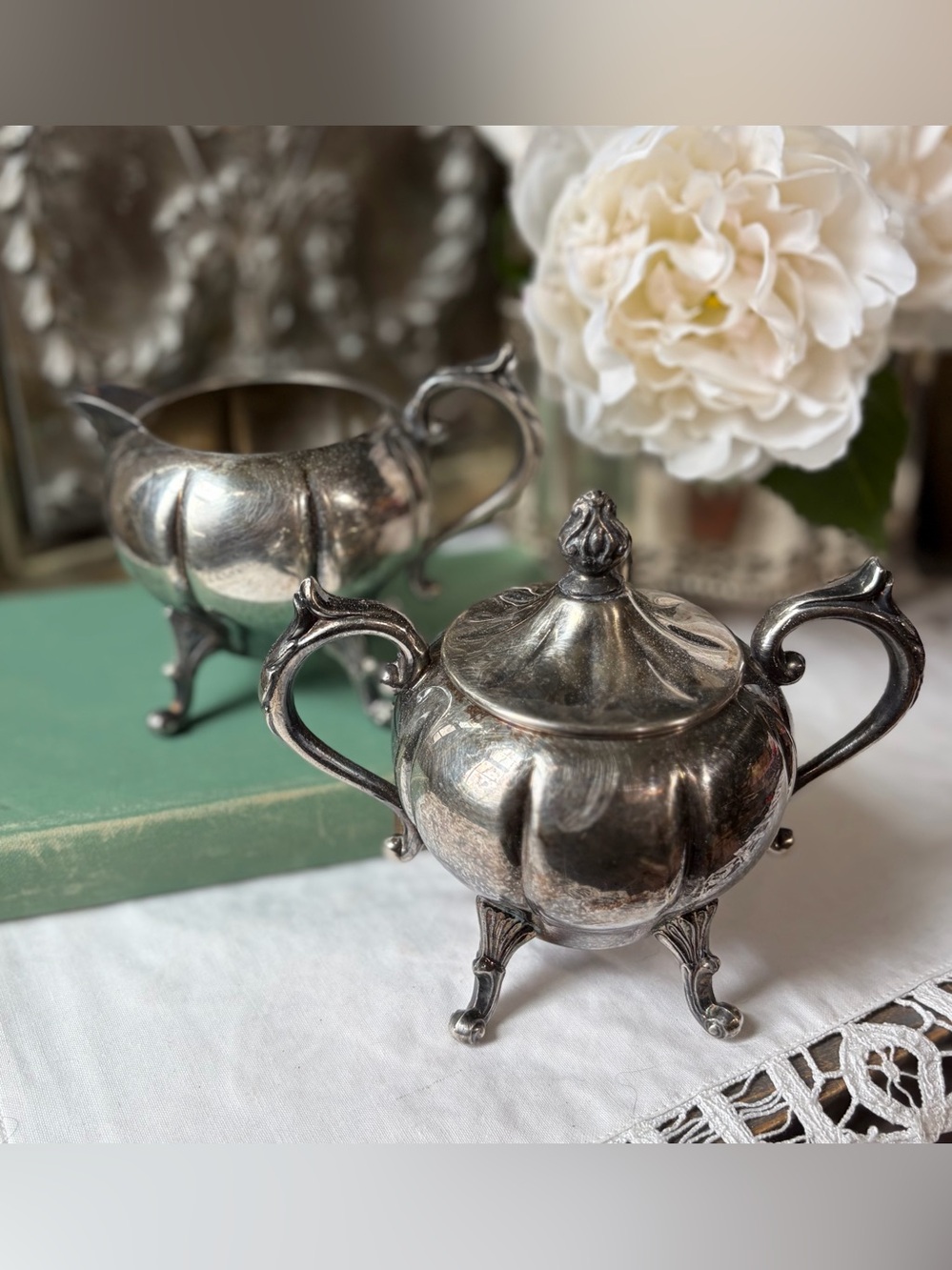 Vintage Silver ornate cream & sugar set heritage French country decor